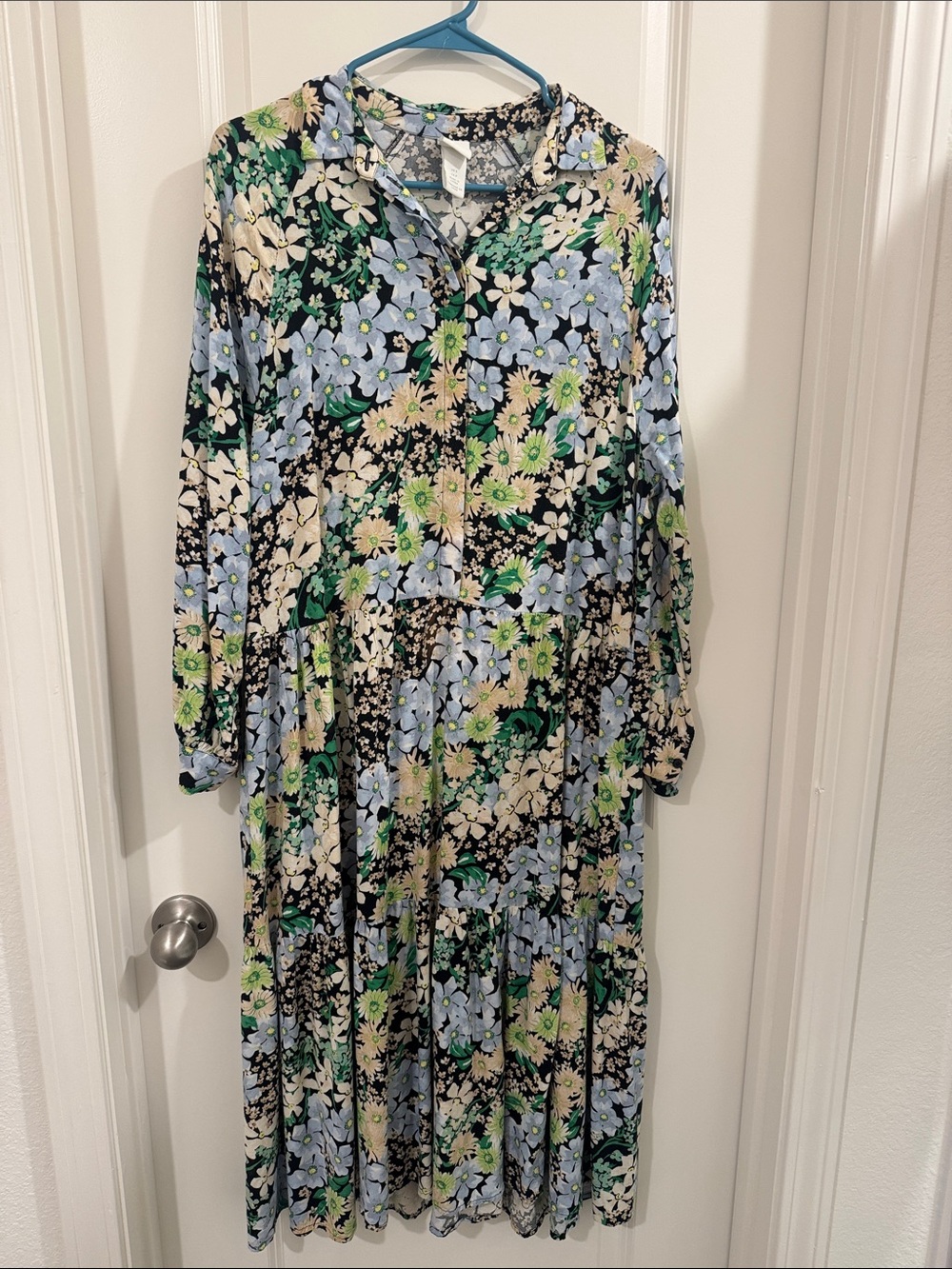 H&M Black, Blue & Green Floral Tiered Midi Dress